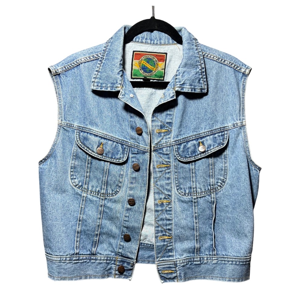 Vintage 90s Structure Denim Vest Medium Wash Blue Cotton Trucker Jacket M